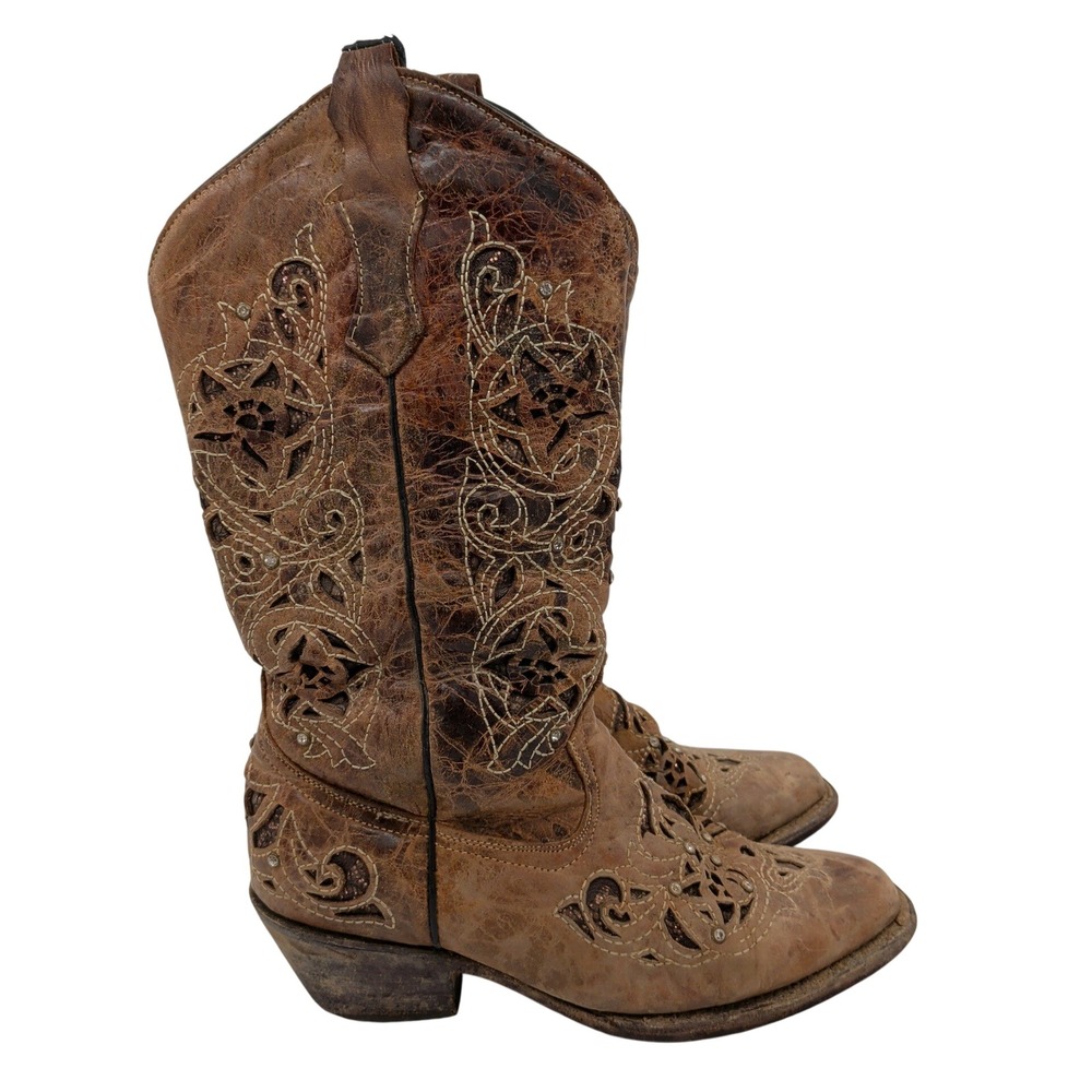 Seven Stars Womens Distressed Leather Cutout Crystal Studded Western Boots 8.5